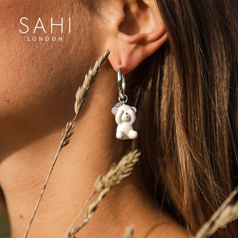 Gold Enameled Camellia Bear Drop Earrings