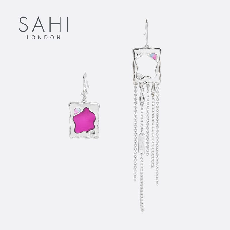 Heart Enamel Metaverse Rain Dangling Earrings in Silver and Violet