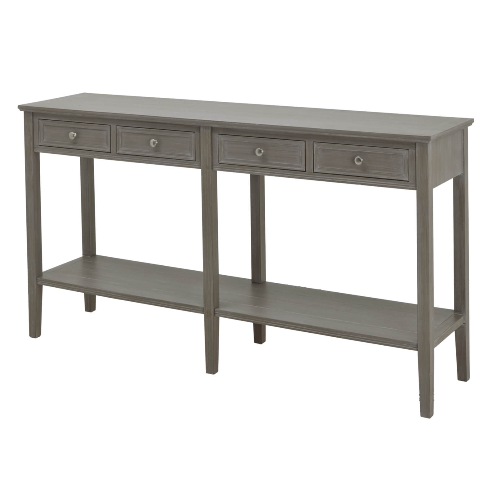 Distressed grey four-drawer console table with solid wood construction, transitional design for living room storage by Sostter at brixbailey.com