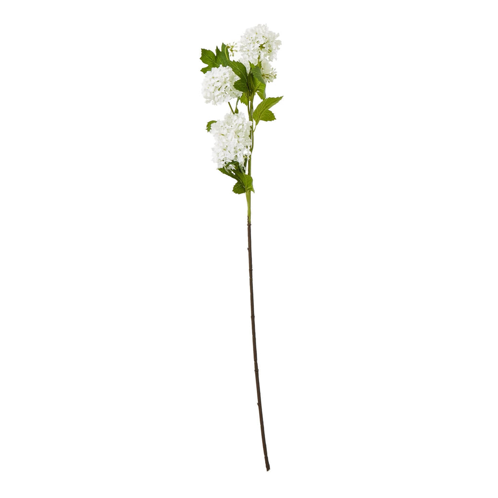 Cream white faux snowball viburnum spray with green foliage, hyper-realistic plastic floral arrangement for home decor by Sostter at brixbailey.com