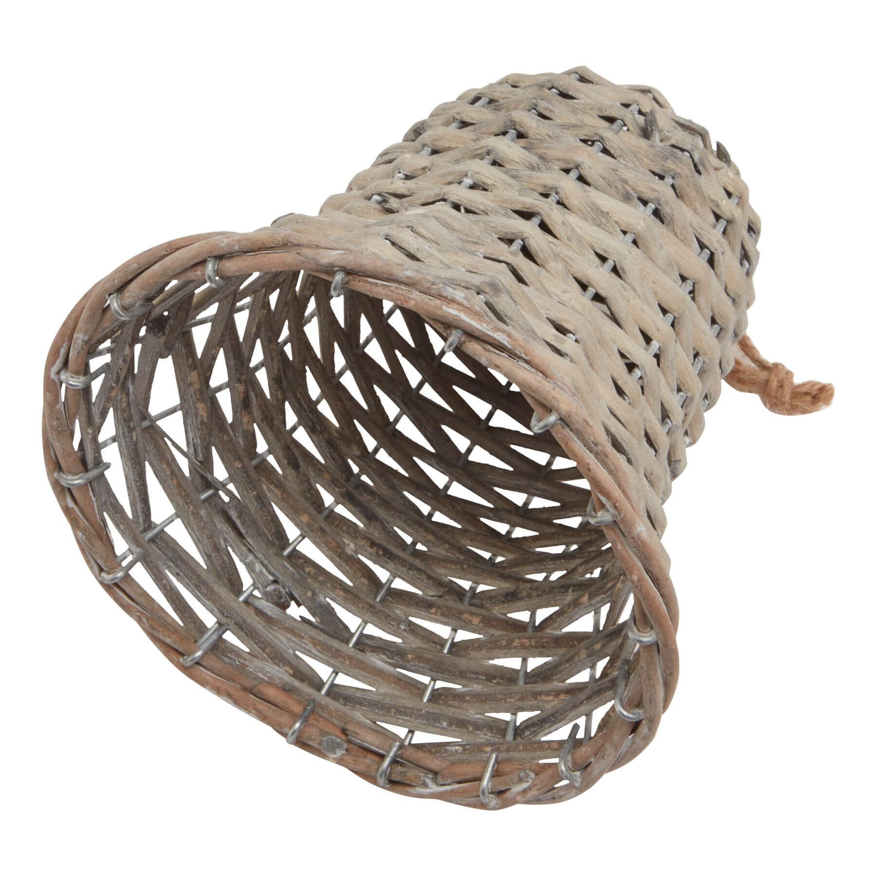 Handwoven wicker holiday bell in rich brown, 15cm tall, casting delicate shadow patterns for festive decor. by sostter at brixbailey.com