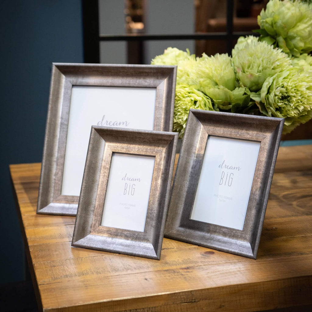 Convex matt silver photo frame with distressed finish, solid wood, 5x7 size, elegant home decor accent by Sostter at brixbailey.com