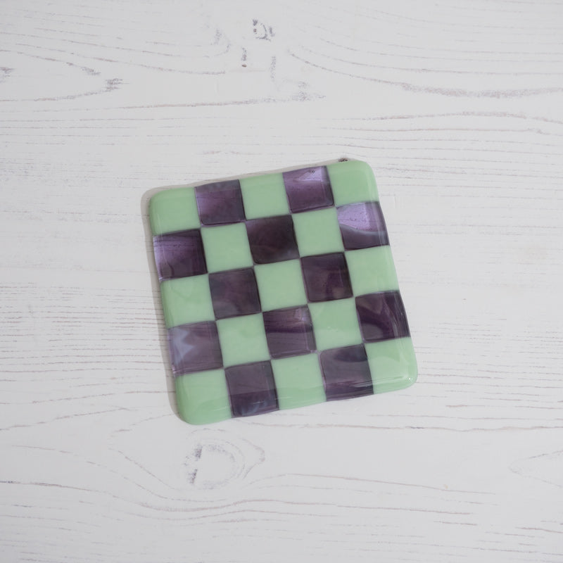 Mint Green and Lavender Chequered Glass Coaster with Amethyst Accents
