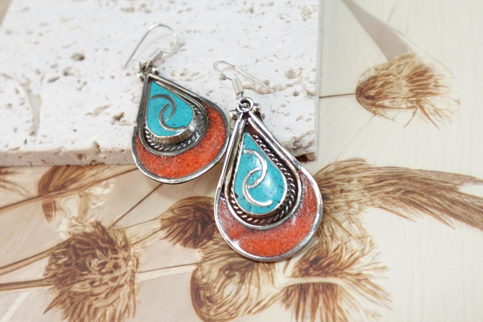 Boho Turquoise and Coral Silver Drop Earrings