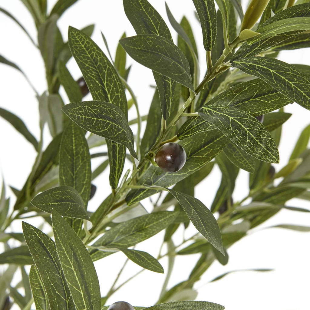 Artificial Apulia olive tree, 180cm with silvery-green leaves, brown trunk, and white pot â€“ lifelike Mediterranean decor by sostter at brixbailey.com