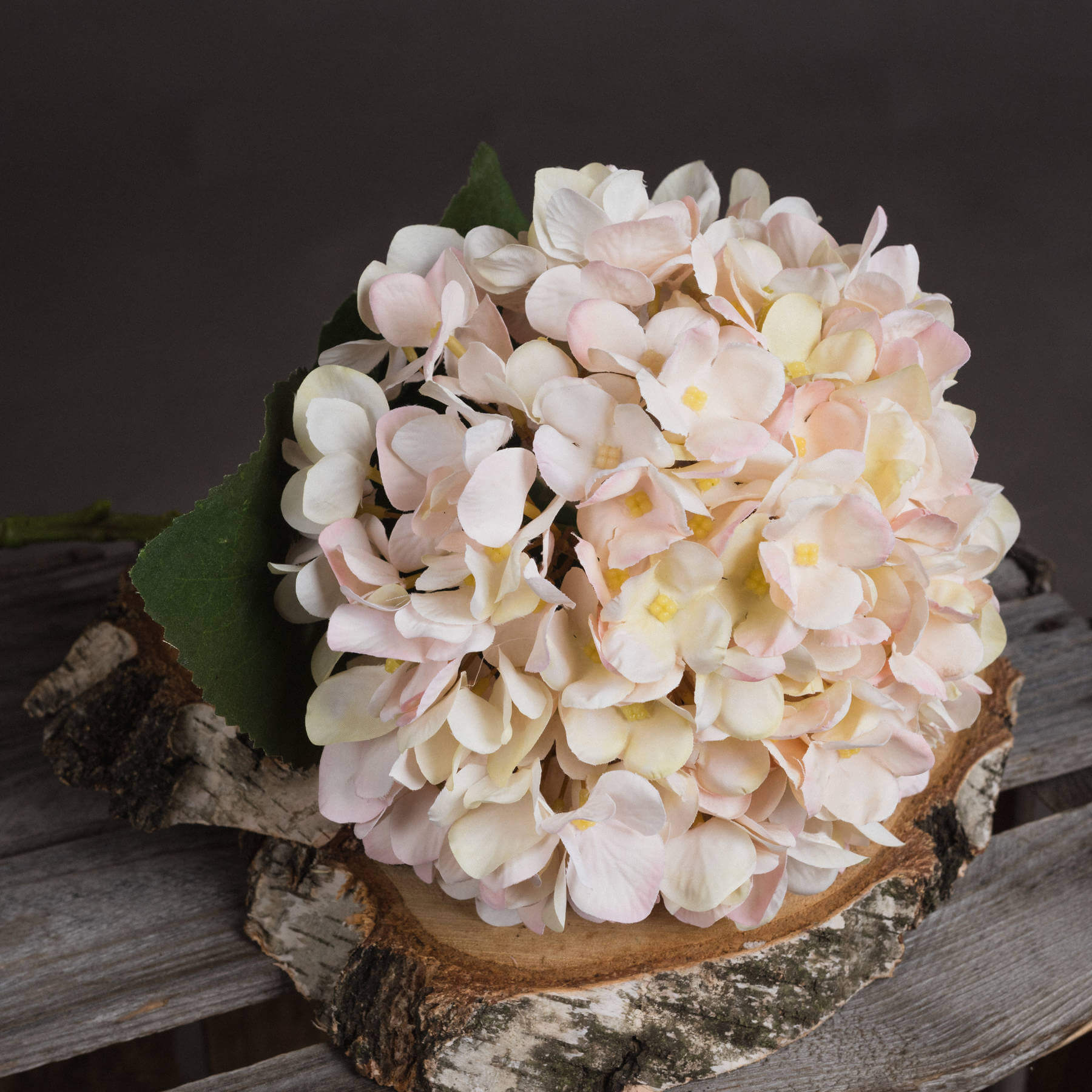Hand-painted cream and blush hydrangea stem with realistic petals, perfect for home decor or weddings. by Sostter at brixbailey.com