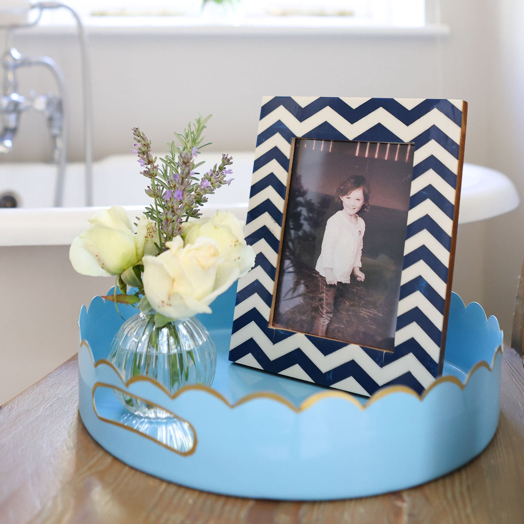 Blue Scalloped Metal Serving Tray with Gold Trim