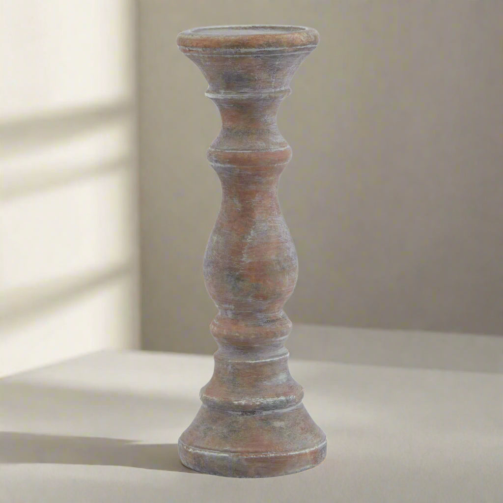 Rustic brown ceramic column candle holder with aged patina, part of the Siena Mediterranean collection, 30cm tall.by Sostter at brixbailey.com