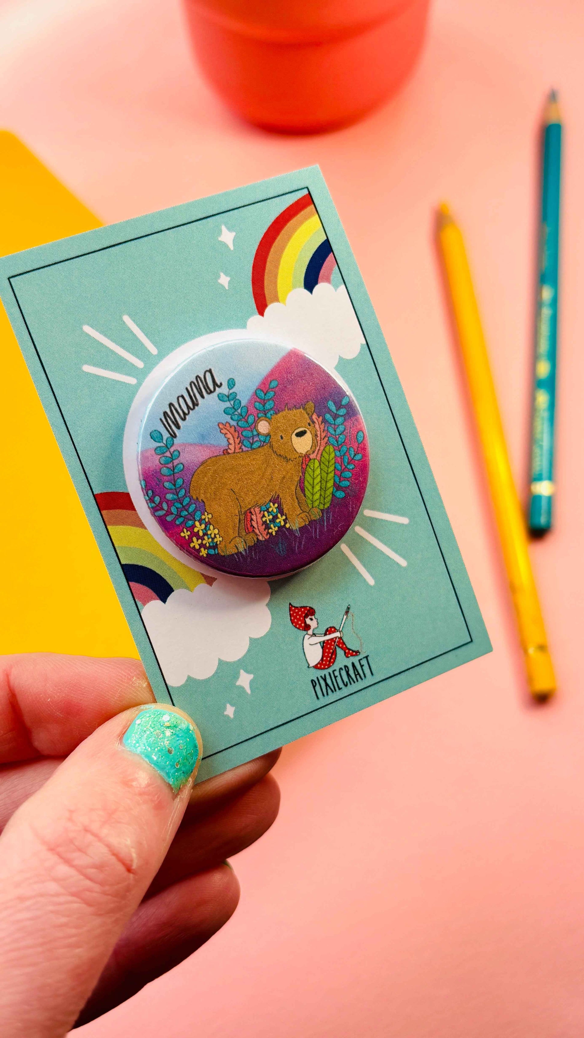 Brown Bear Illustrated Pin Badge or Magnet