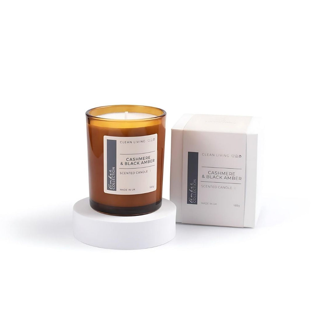 20cl Amber Glass Candle with Cashmere and Black Amber Fragrance