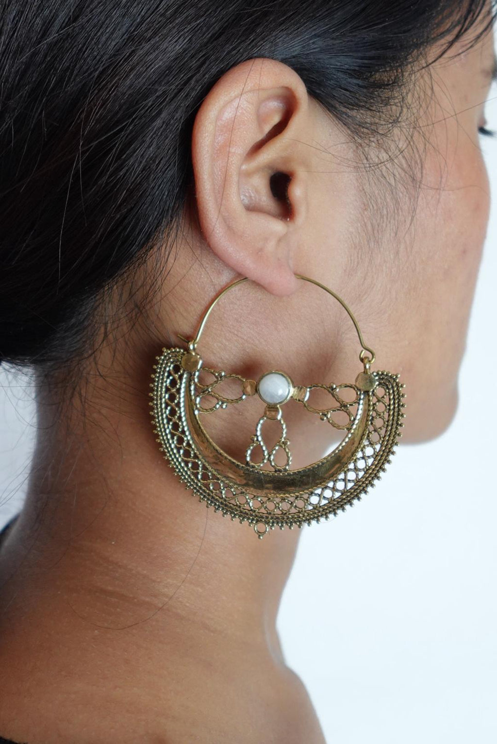 Filigree Crescent Moon Earrings with Gemstone