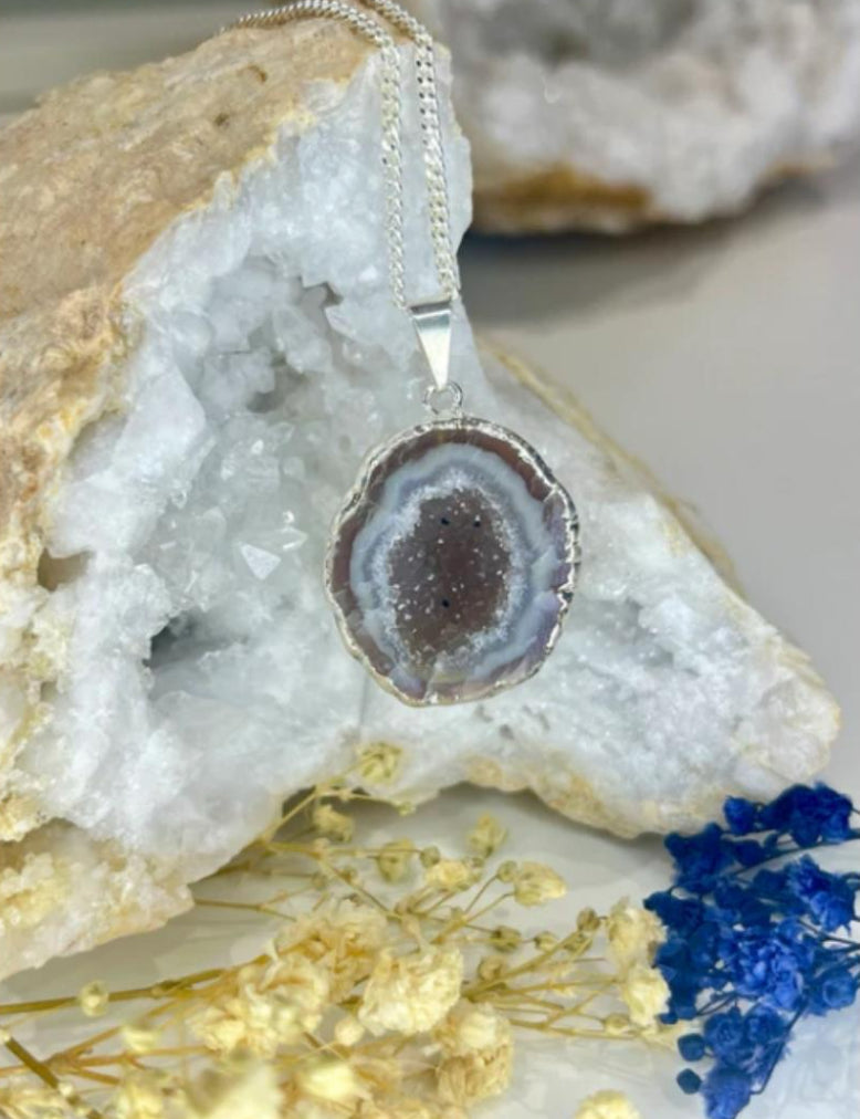 Half Geode Agate Necklace with Druzy and Silver Plated Chain