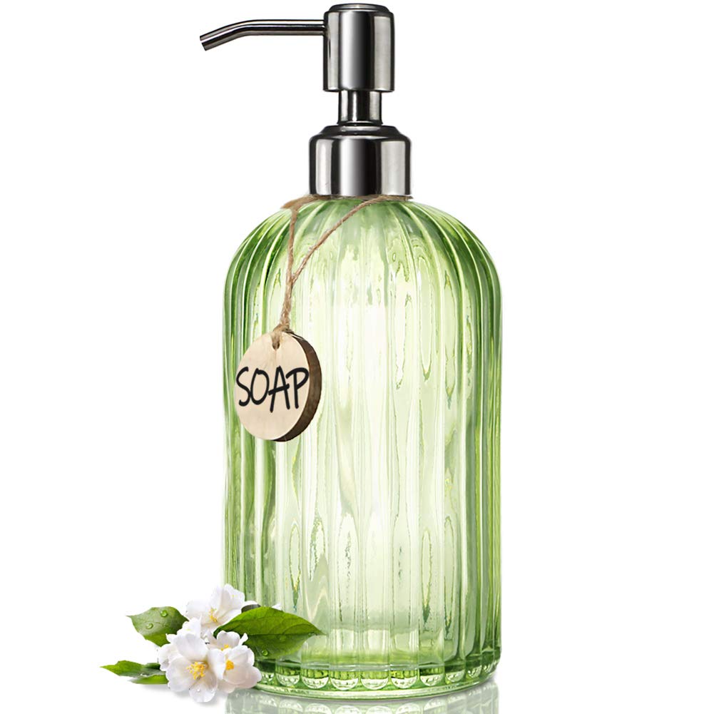 18 oz Vertical Striped Green Glass Soap Dispenser with Stainless Steel Pump