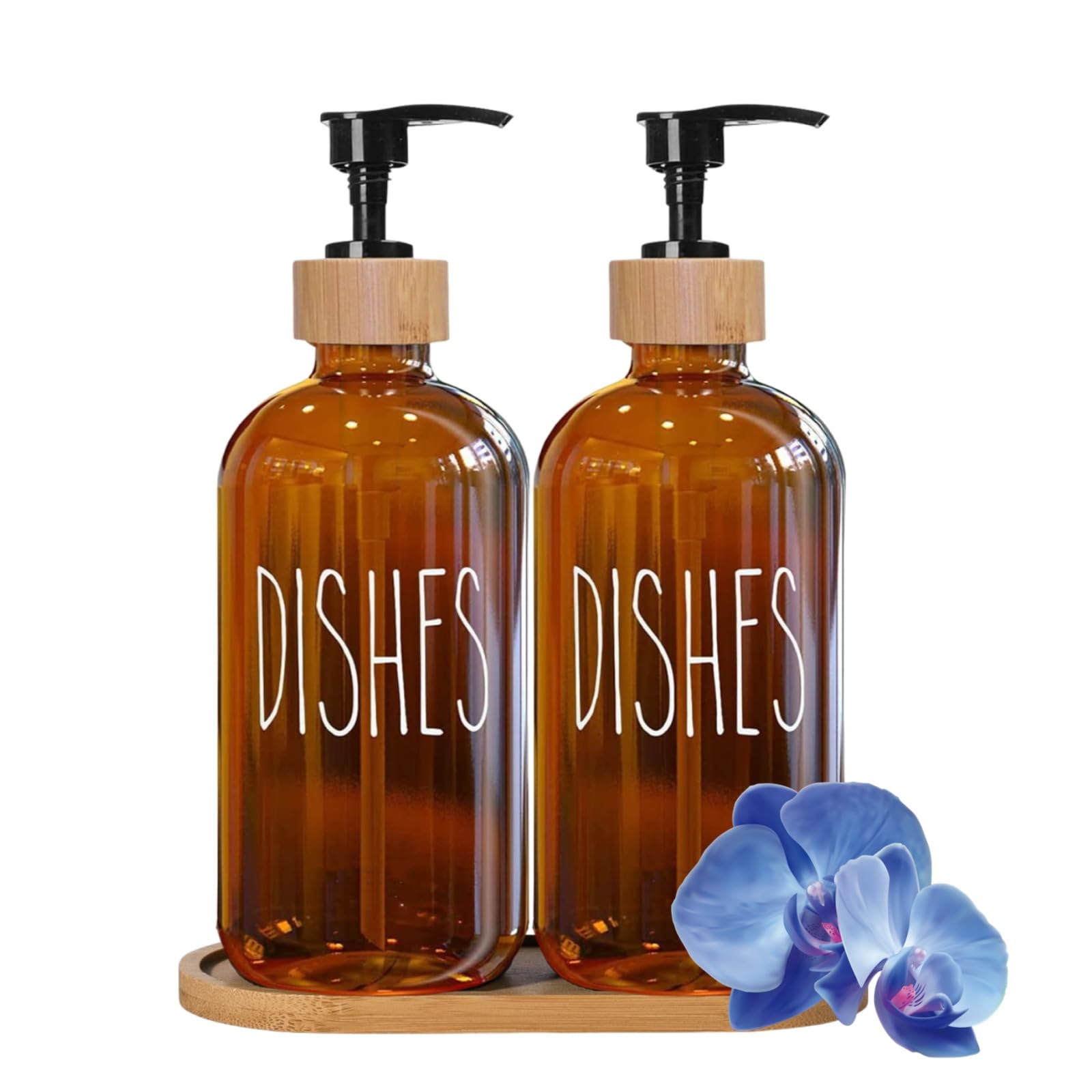 Amber Glass Soap Dispenser Set with Bamboo Tray and Pumps