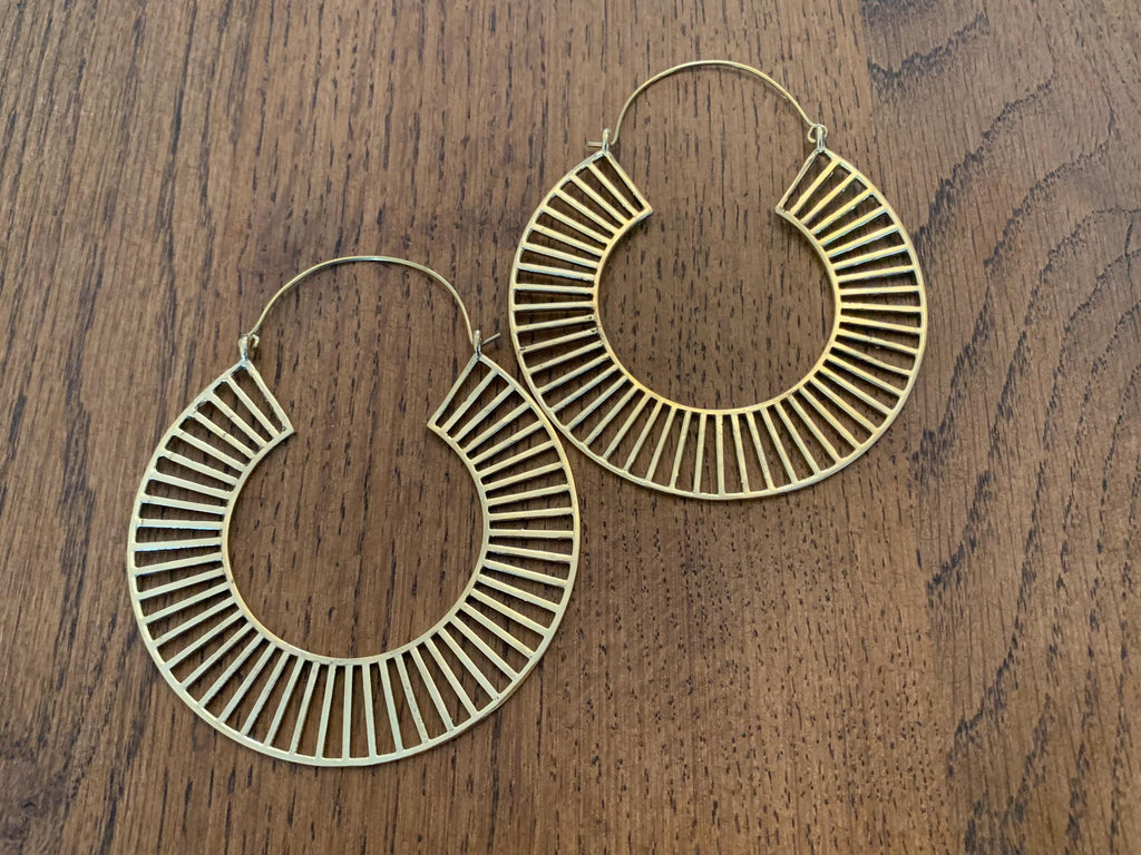 Sundial Line Hoops Structured Brass Hoop Earrings with Sunray Cut Design