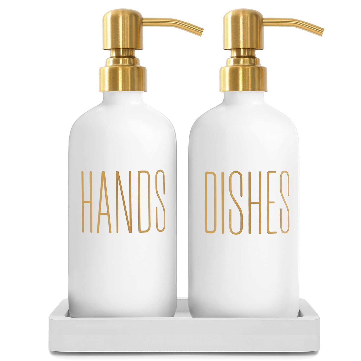 Glass and Stainless Steel Soap Dispenser Set for Kitchen Counters in White