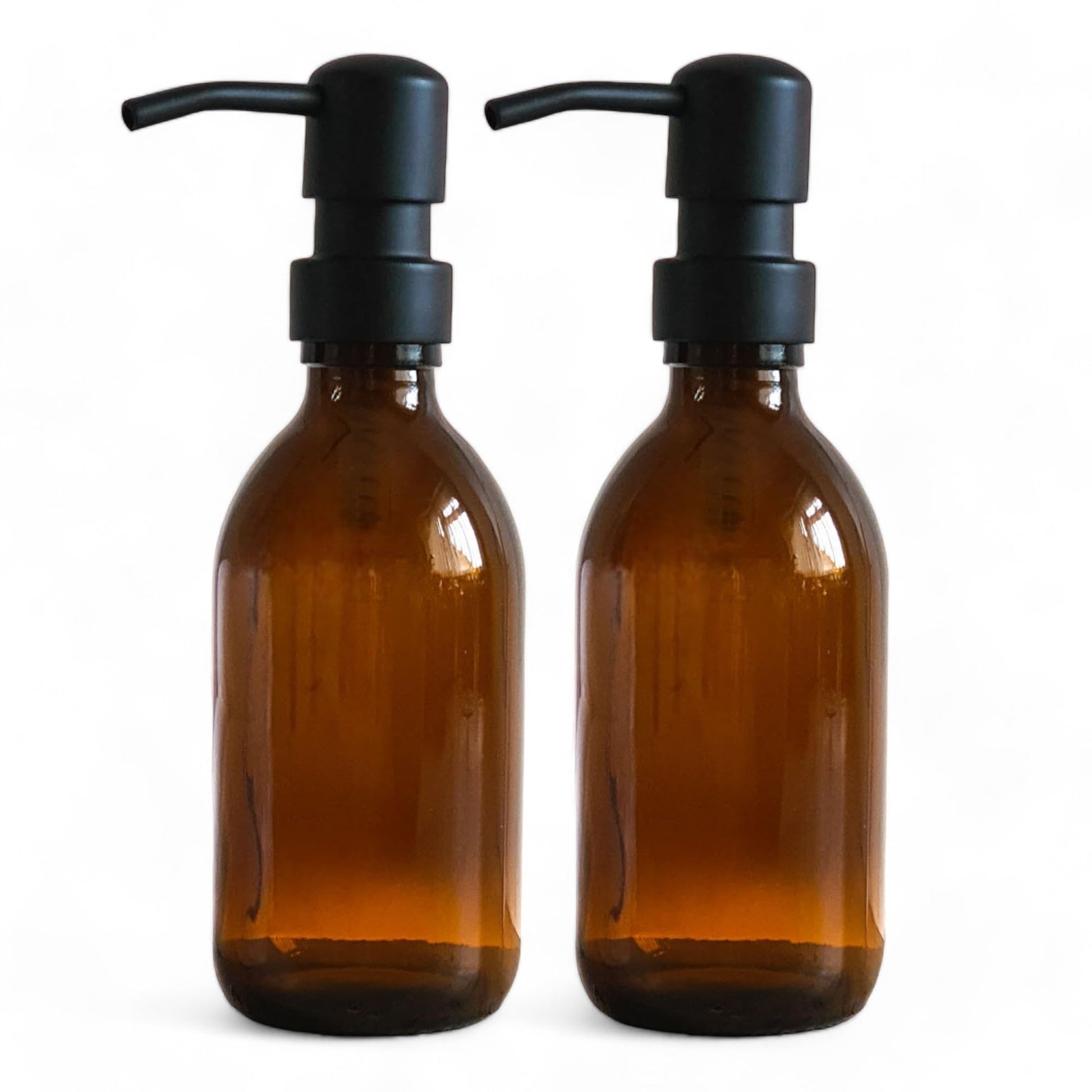 Amber Glass Soap Dispenser Bottles with Matt Black Metal Pumps