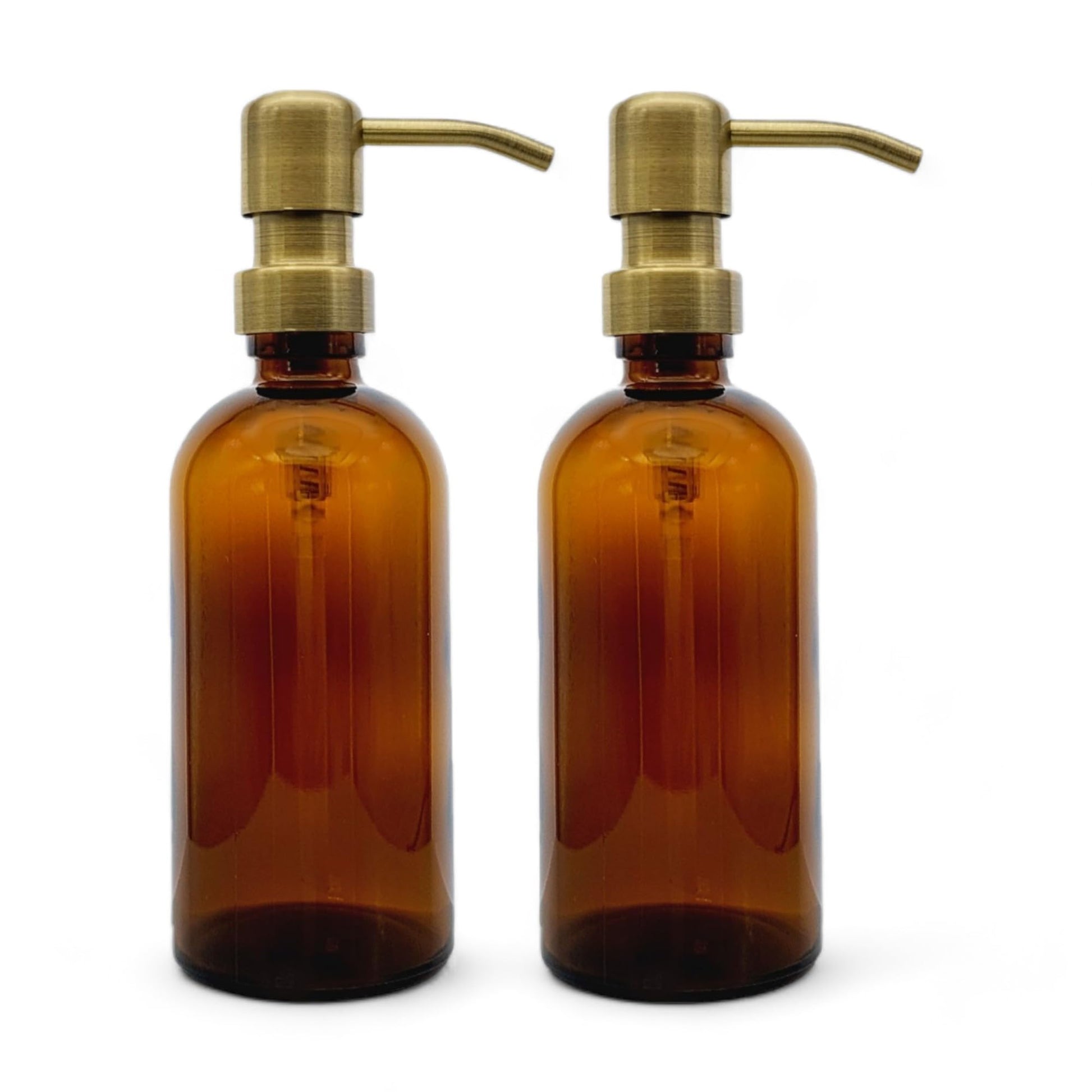 Amber Glass Soap Dispenser Bottles 300ml with Brass Pump Pack of 2