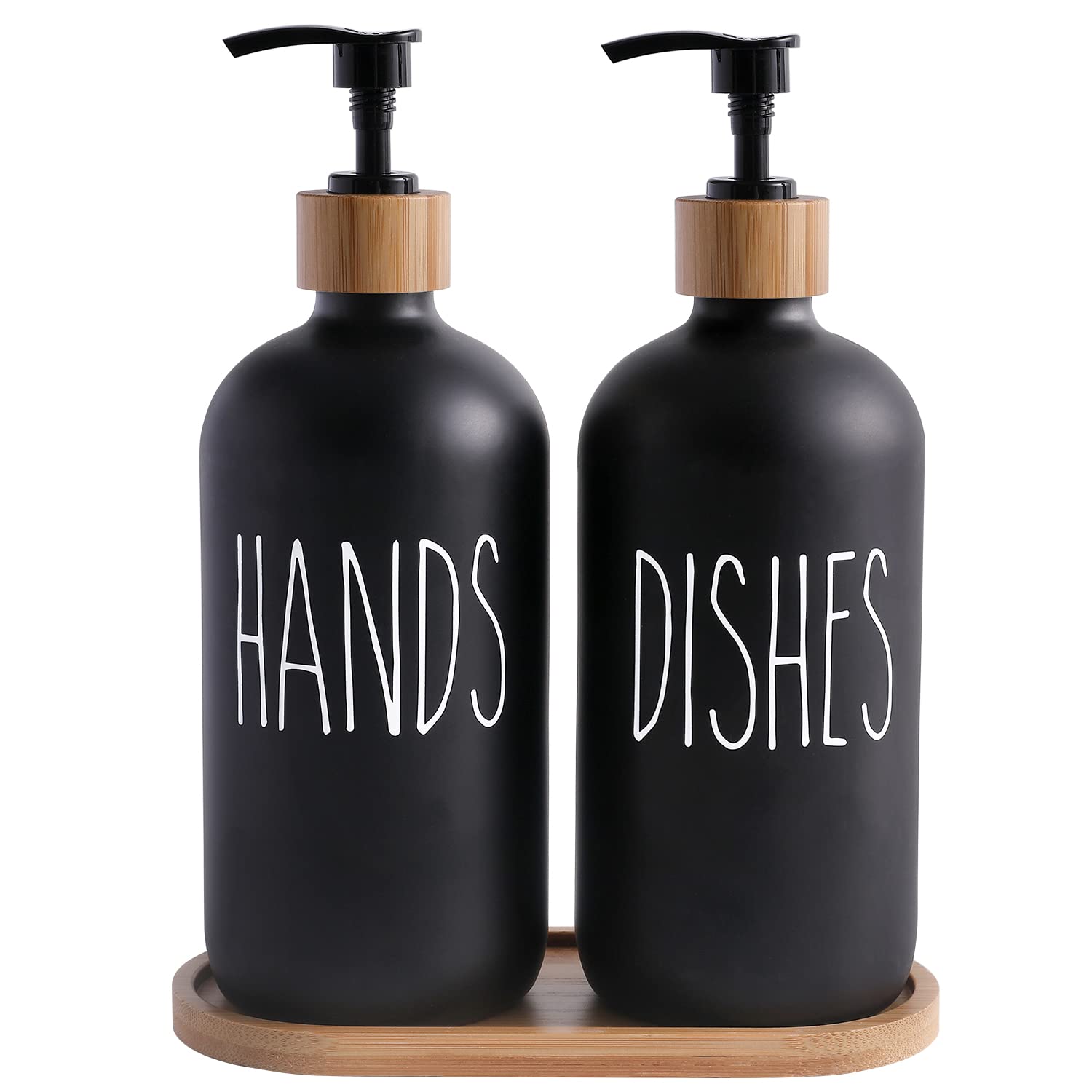 Glass Soap Dispenser Set, Matte Black with Hand and Dish Labels