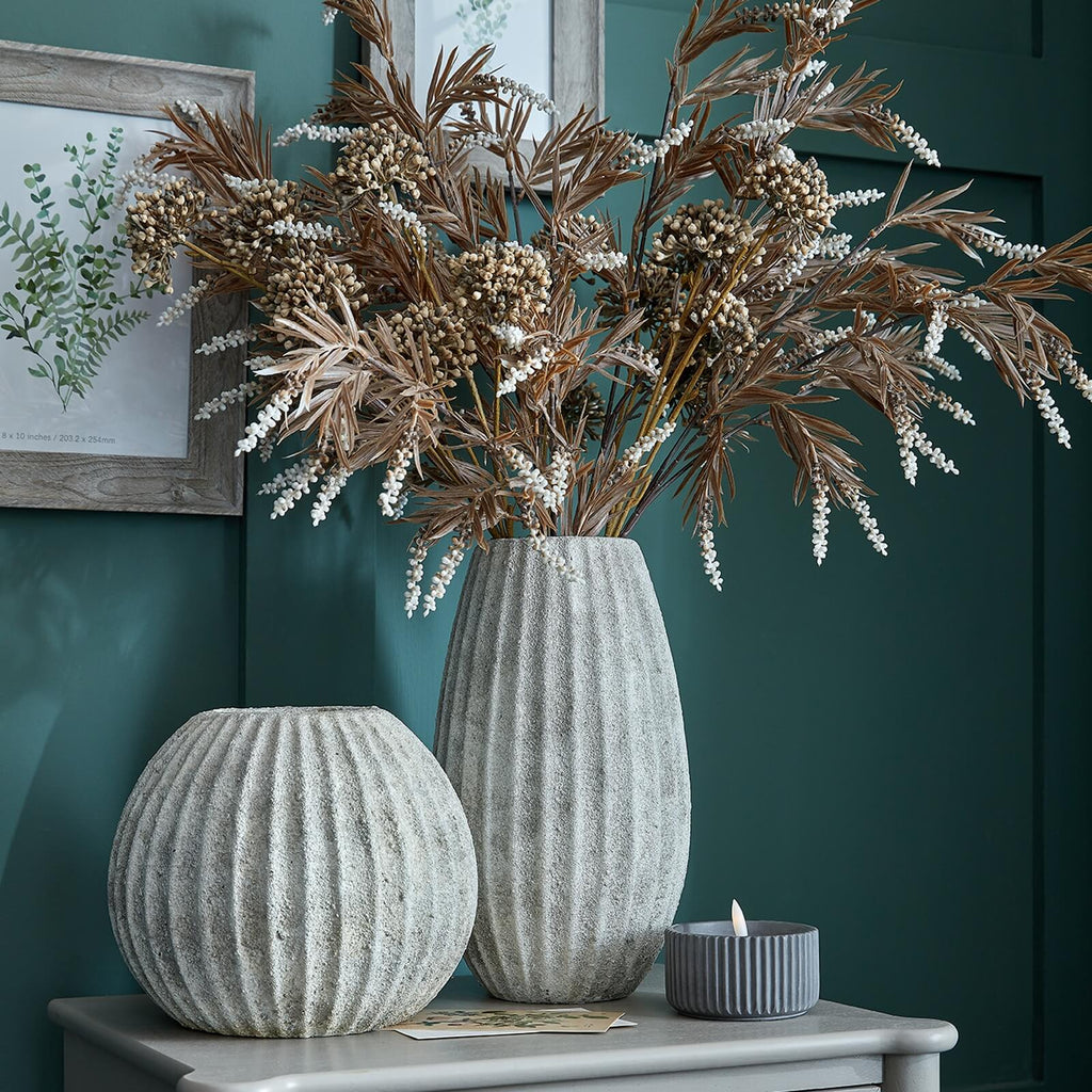 Handcrafted Mediterranean ceramic vase in soft light grey, smooth matte finish, 31cm tall with graceful silhouette. by Sostter at brixbailey.com