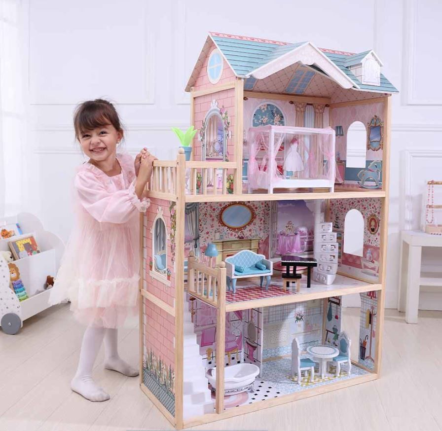 bold front view of the wooden dollhouse emily with glowing led lights illuminating three detailed stories