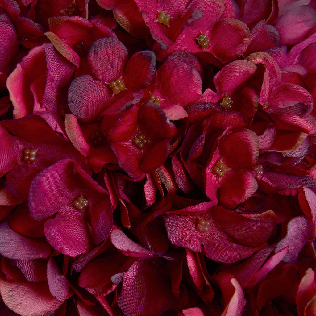 Lifelike ruby red hydrangea stem with hand-painted petals, 42cm tall, perfect for home decor or floral arrangements by Sostter at brixbailey.com