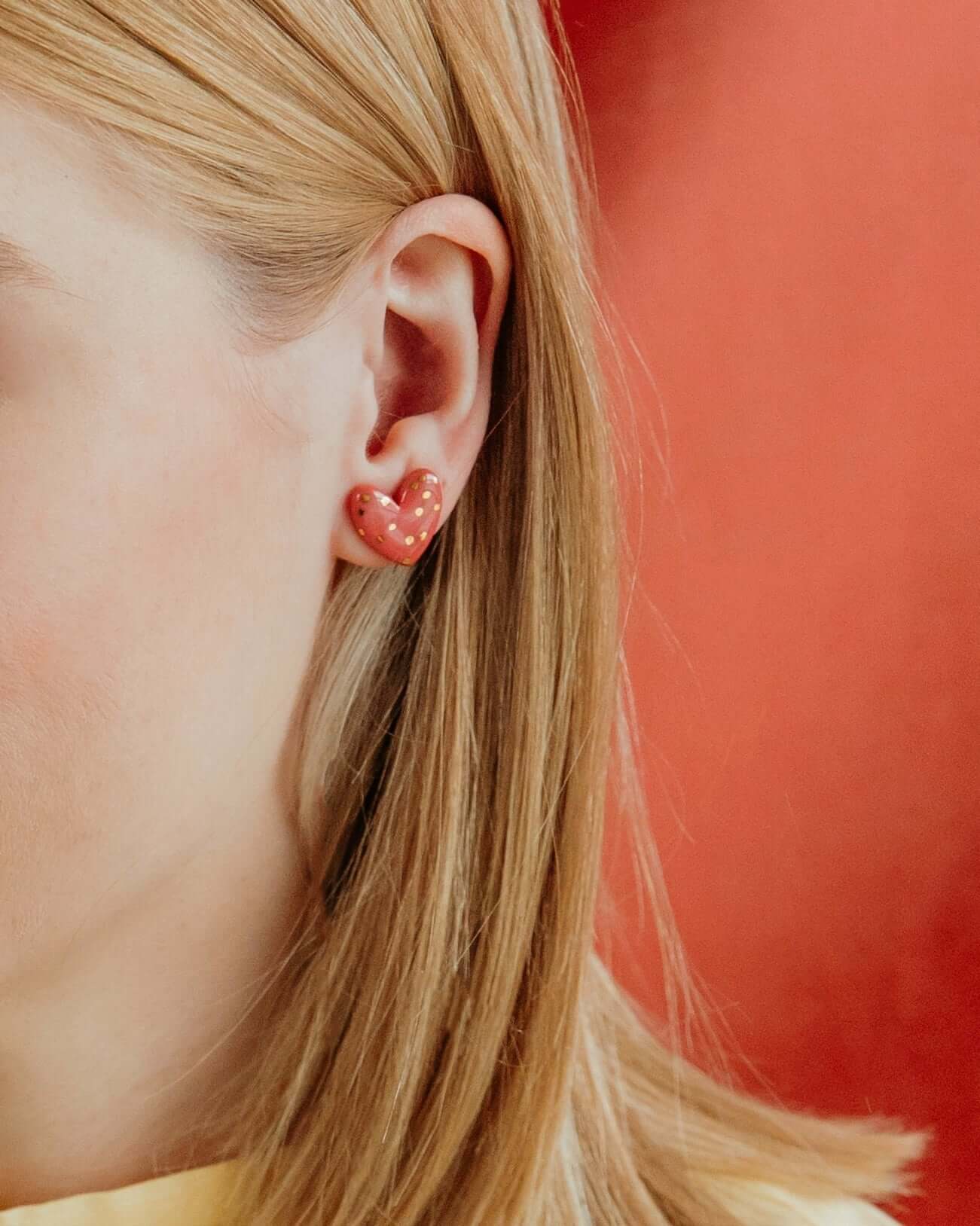 Dotted Porcelain Heart Studs -  Pink