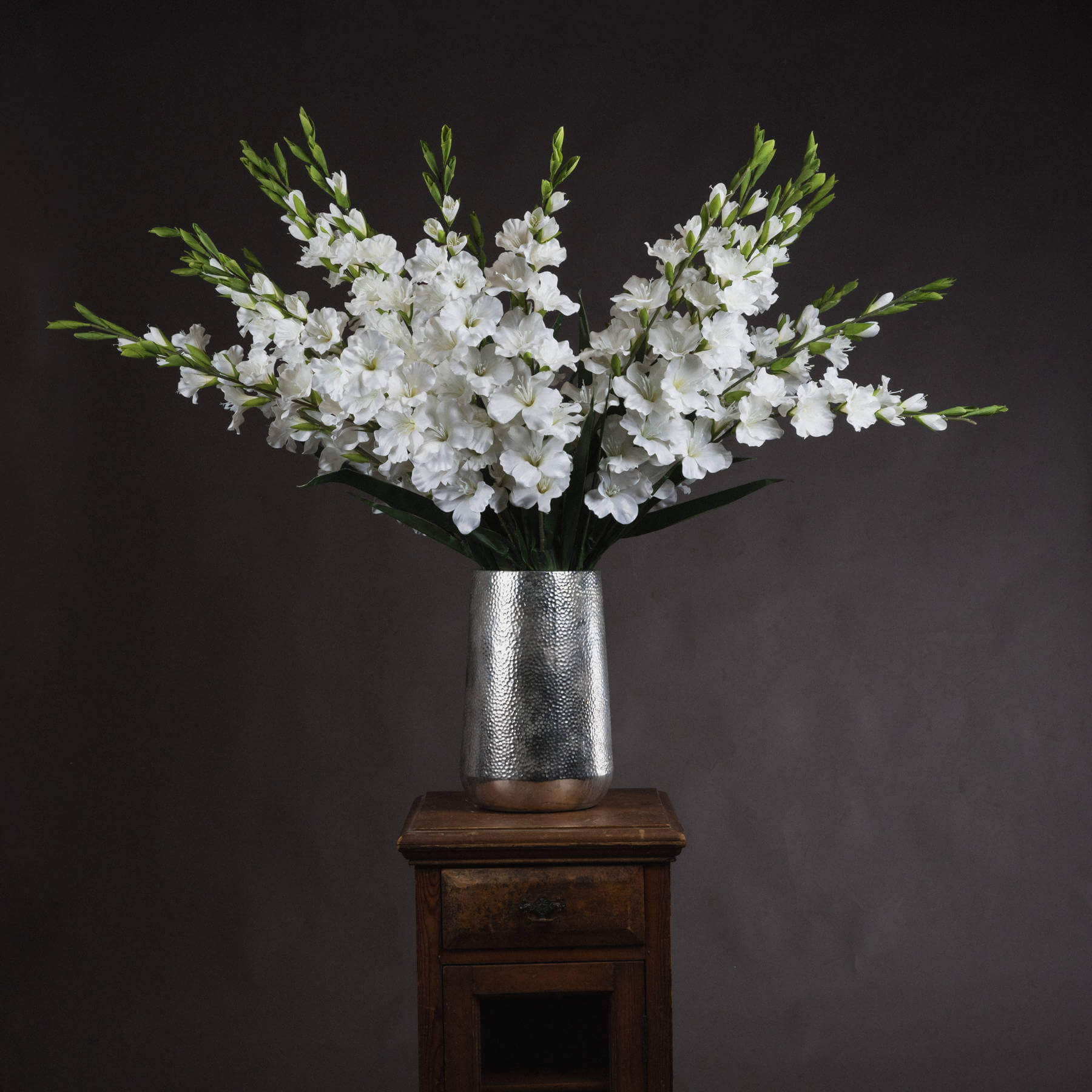 Lifelike white faux gladioli in tall 108cm arrangement, premium plastic stems with realistic florets and foliage by RoomLondon at brixbailey.com