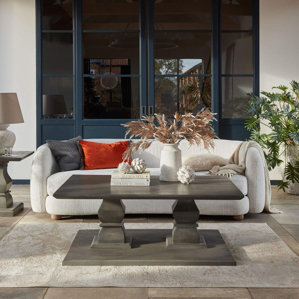 Chunky acacia wood Lucia coffee table in deep grey stain, modern handcrafted centerpiece with artisanal character. by RoomLondon at brixbailey.com