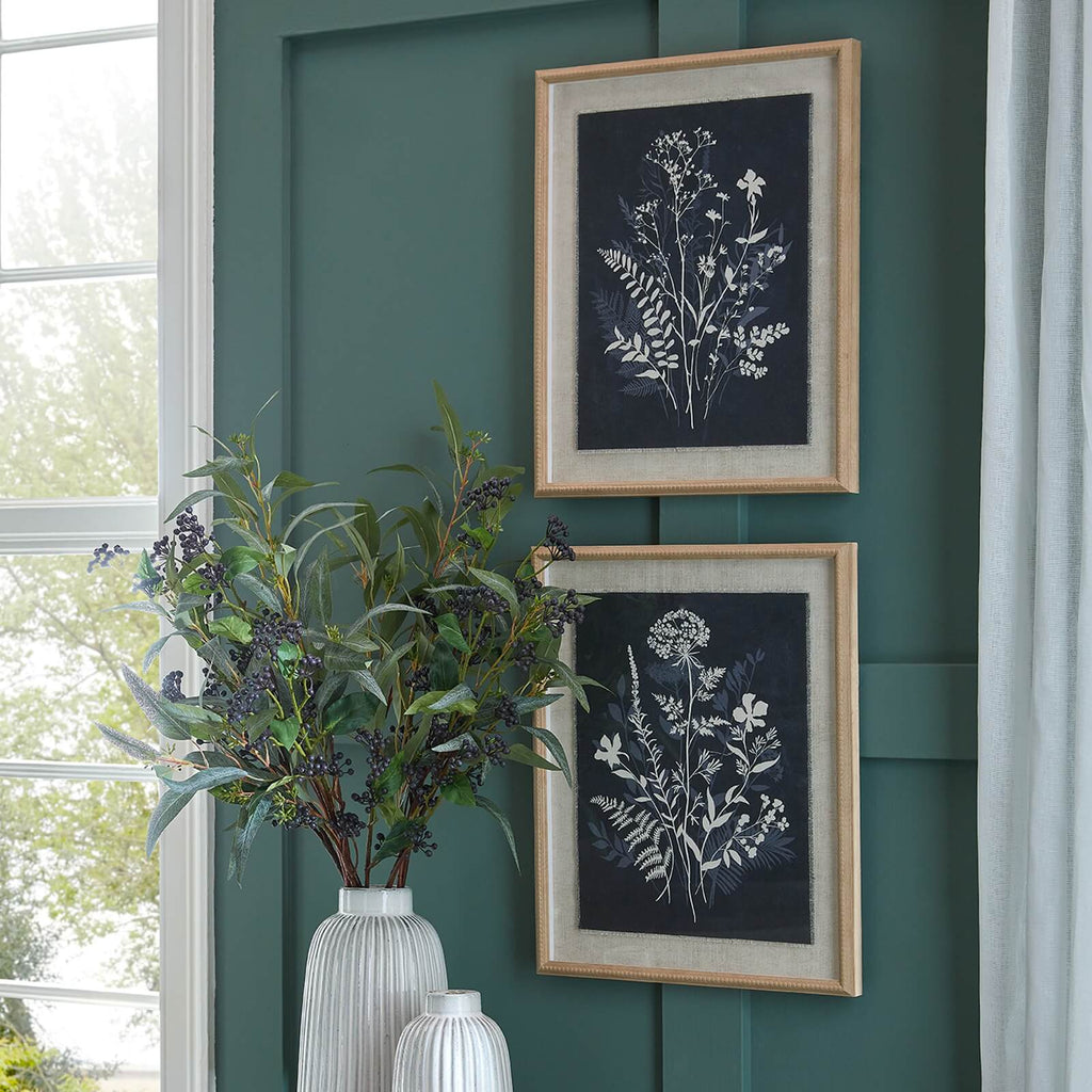 Botanical linen artwork with beaded frame, muted meadow scene in soft white and natural tones, 50x40cm by RoomLondon at brixbailey.com