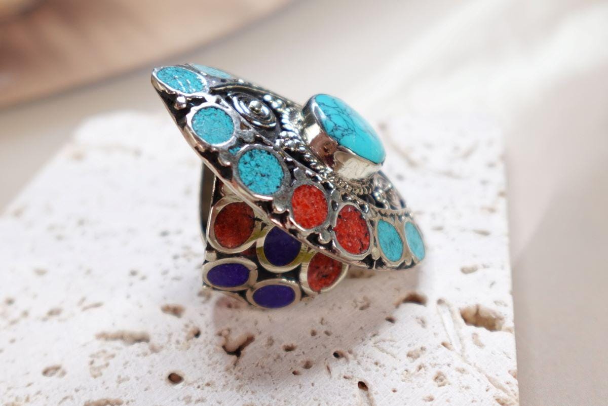 Bohemian Turquoise Statement Ring with Multicolor Inlays