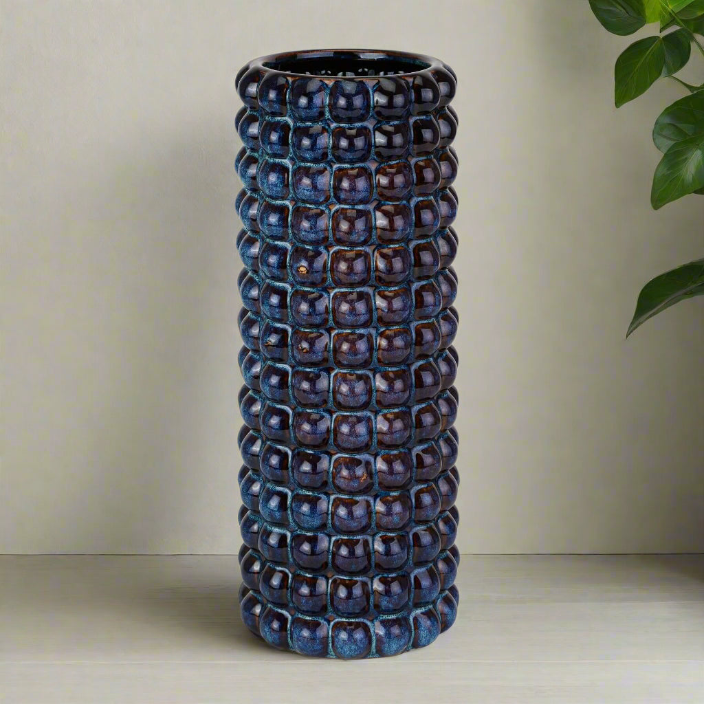 Indigo ceramic vessel with bubble texture, doubles as umbrella stand or planter, 47cm height, Seville collection by Sostter at brixbailey.com
