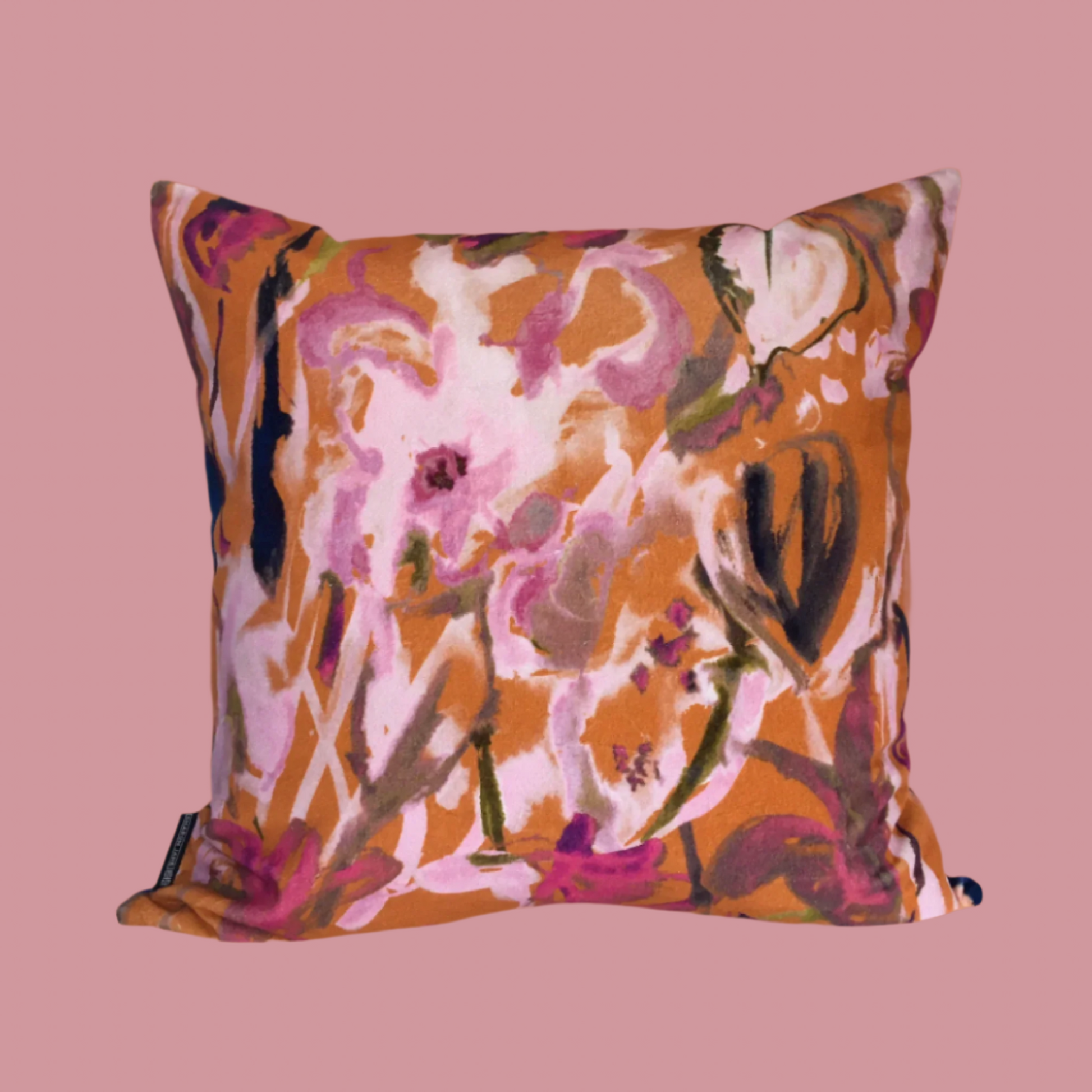 Large Watercolour Floral Velvet Cushion - Burnt Orange
