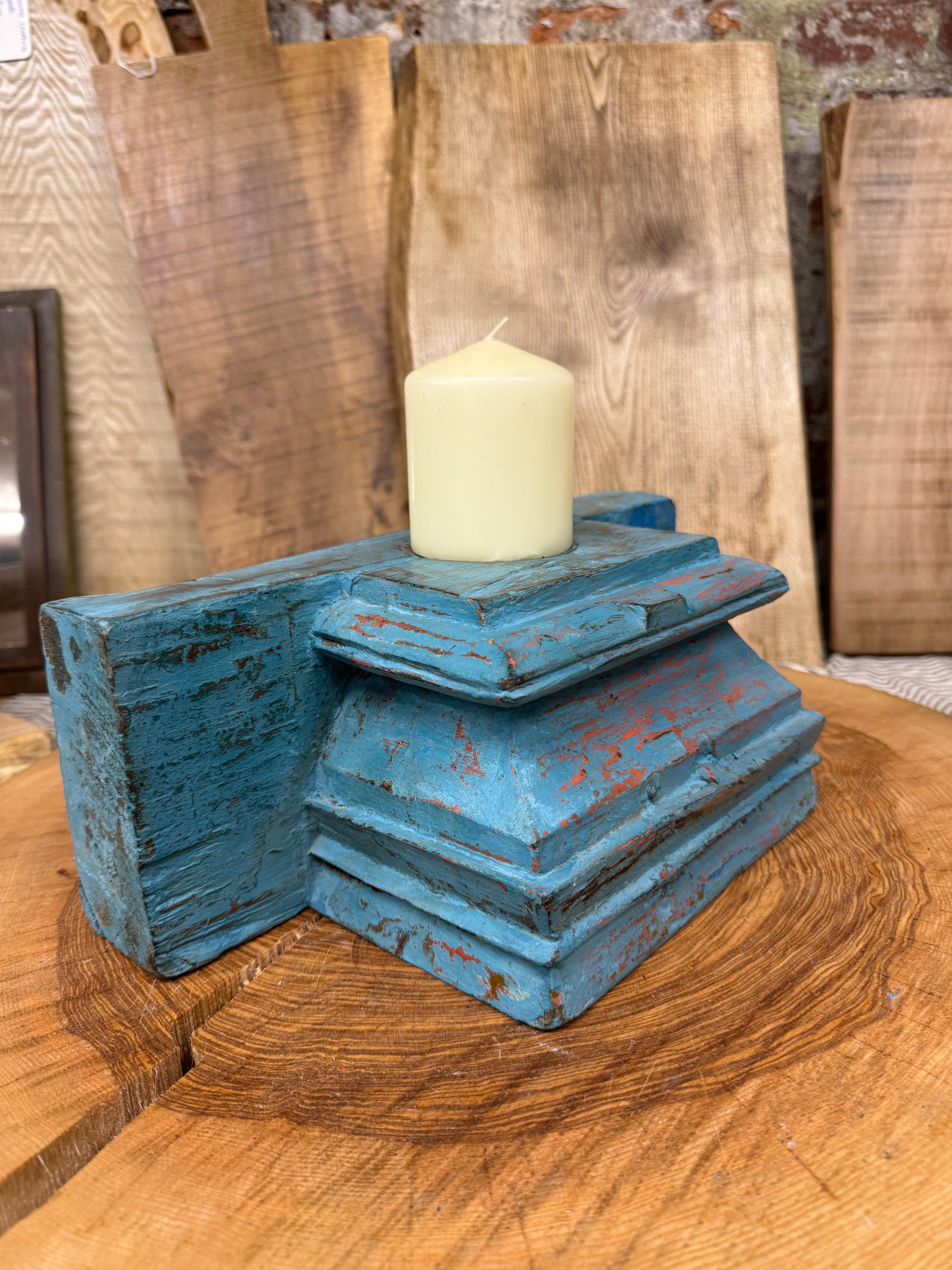 Rustic Church Candle Holder / Indian Pillar Base Holder / Farmhouse Decor Blue