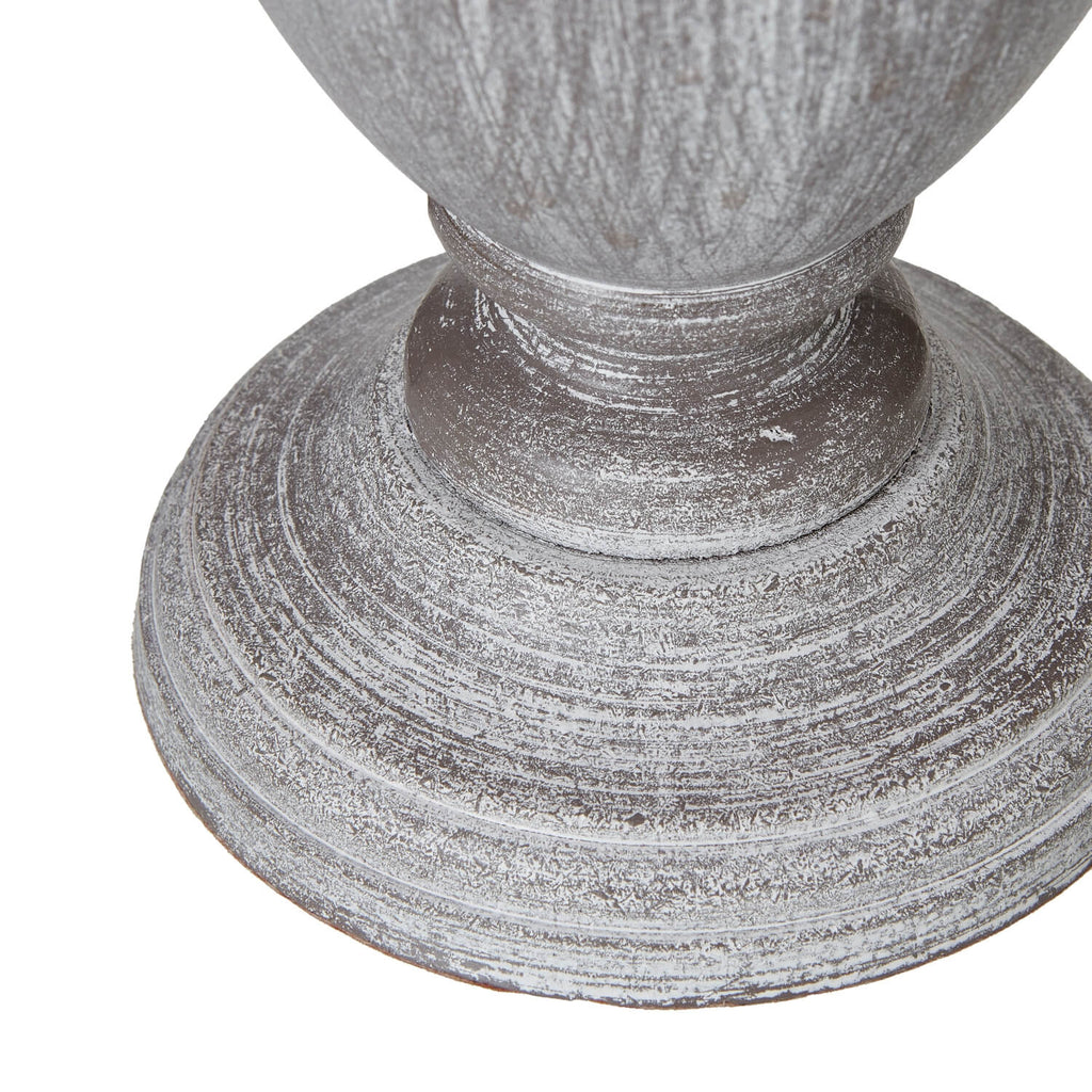 Pewter-toned Otem Urn Table Lamp with white linen shade on wooden base, 25cm height, vintage farmhouse lighting by sostter at brixbailey.com