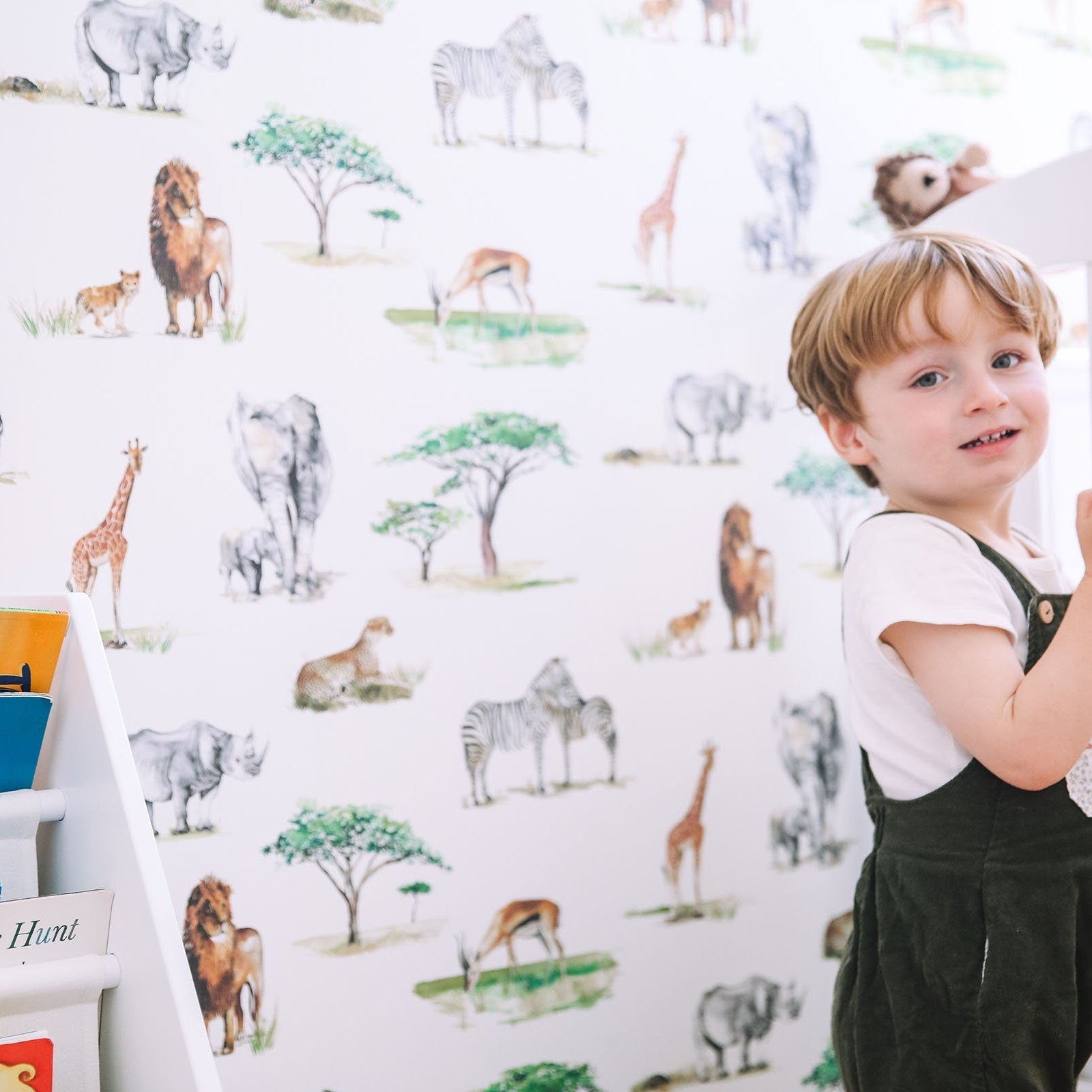 Safari Animals Hand Designed Children's Wallpaper in Blue, Cream and Grey