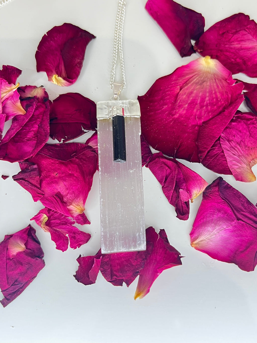 Selenite and Tourmaline Protection Wand Necklace 20 inch Silver Plated