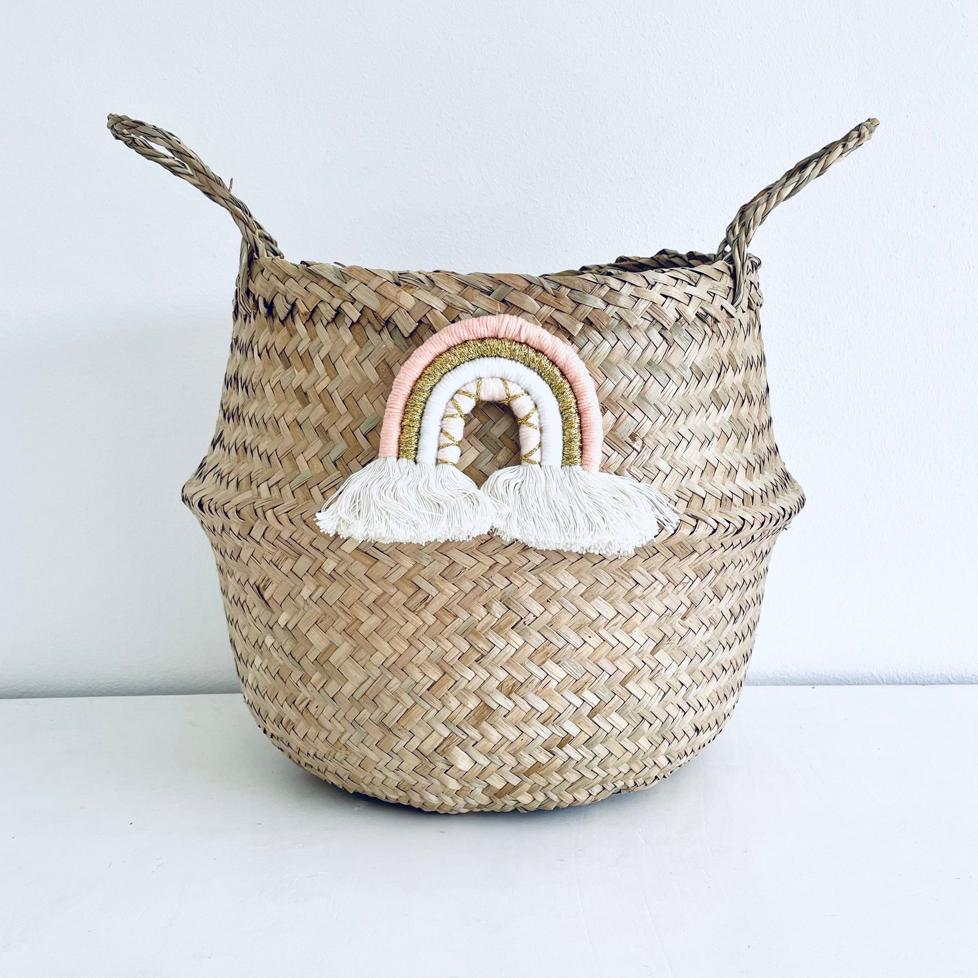 Pastel gold Macrame rainbow basket - large