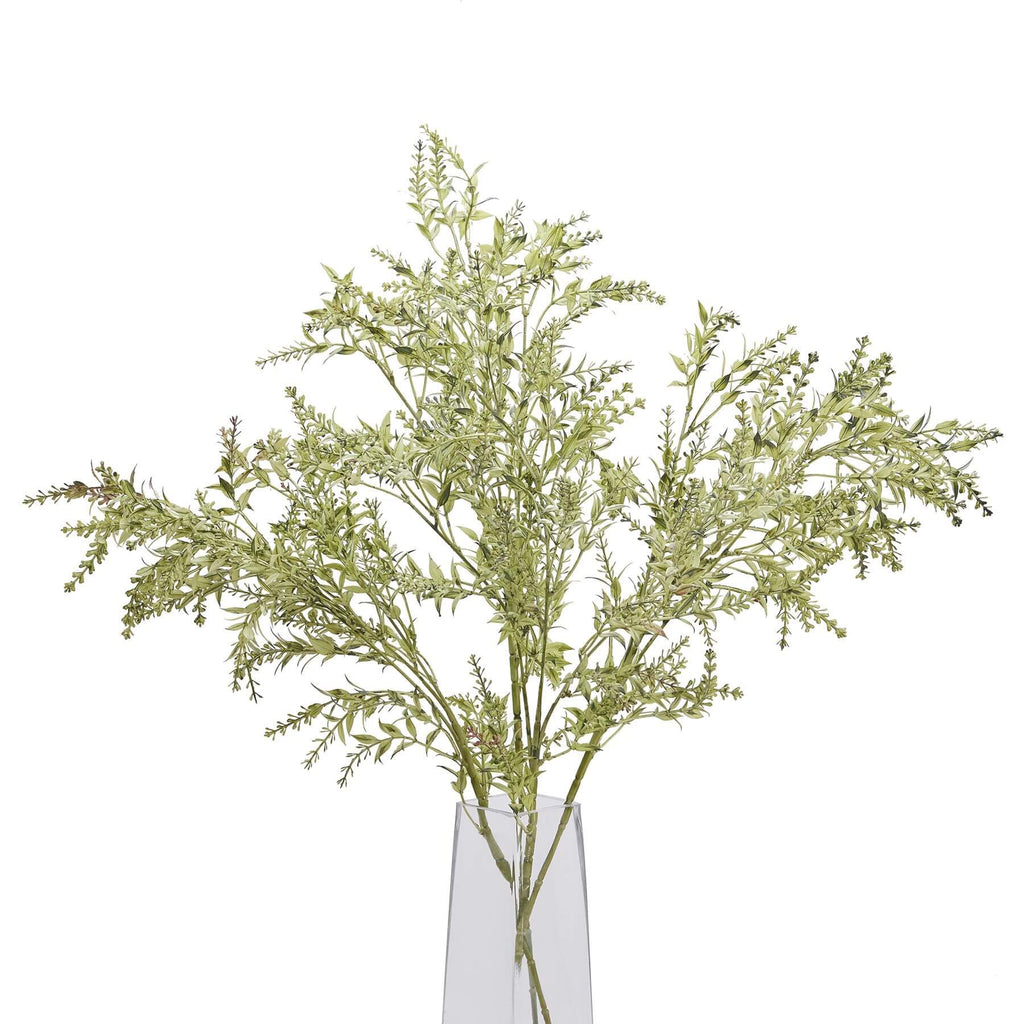 Handcrafted green plastic broom stem for floral arrangements, 75cm tall with feathery rustic botanicals design by sostter at brixbailey.com