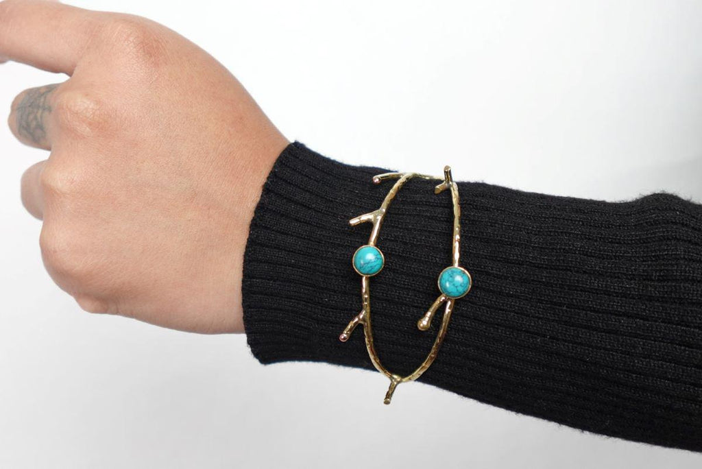 Turquoise Moonstone Twig Open Brass Bangle