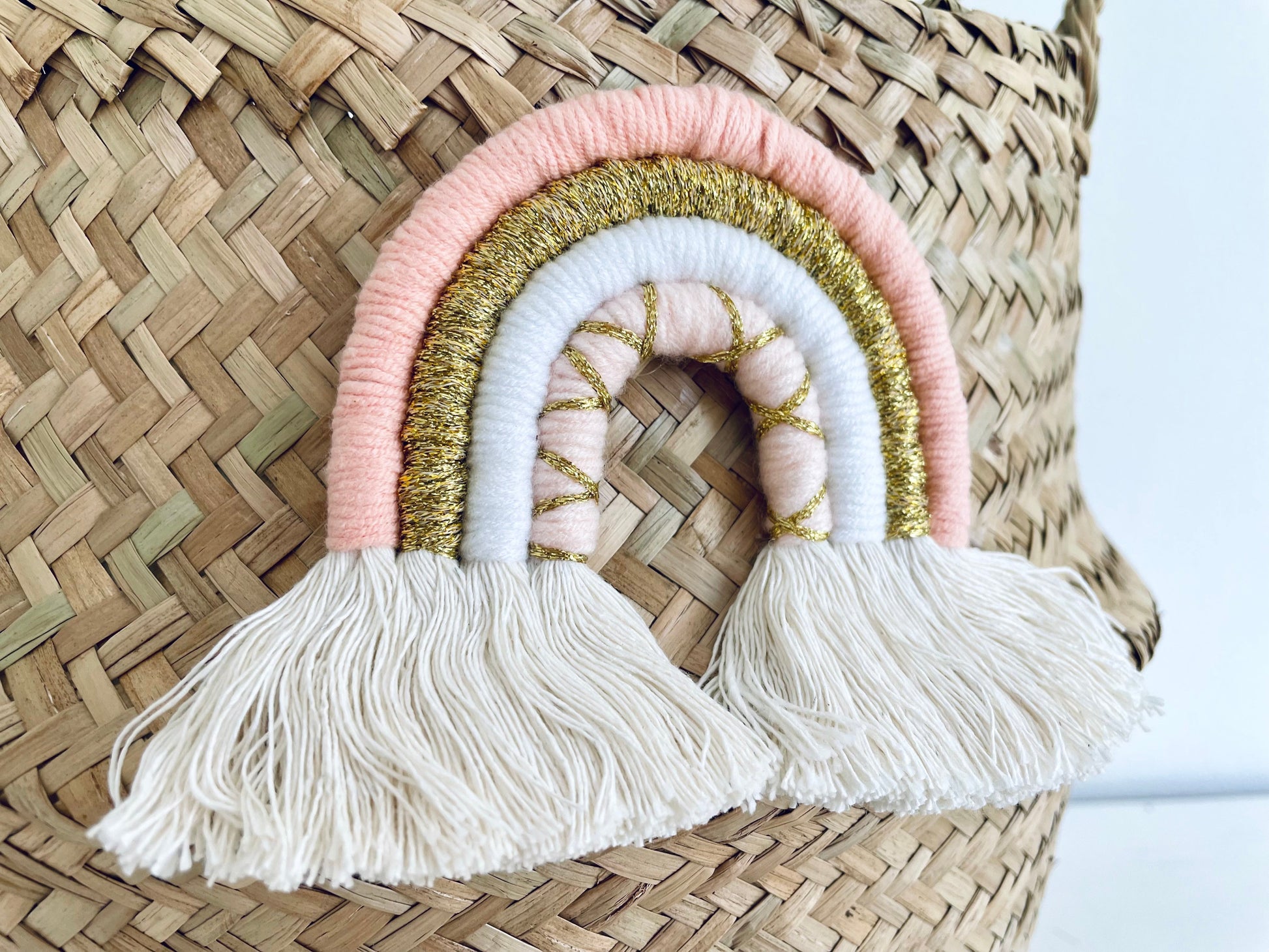 Pastel gold Macrame rainbow basket - large