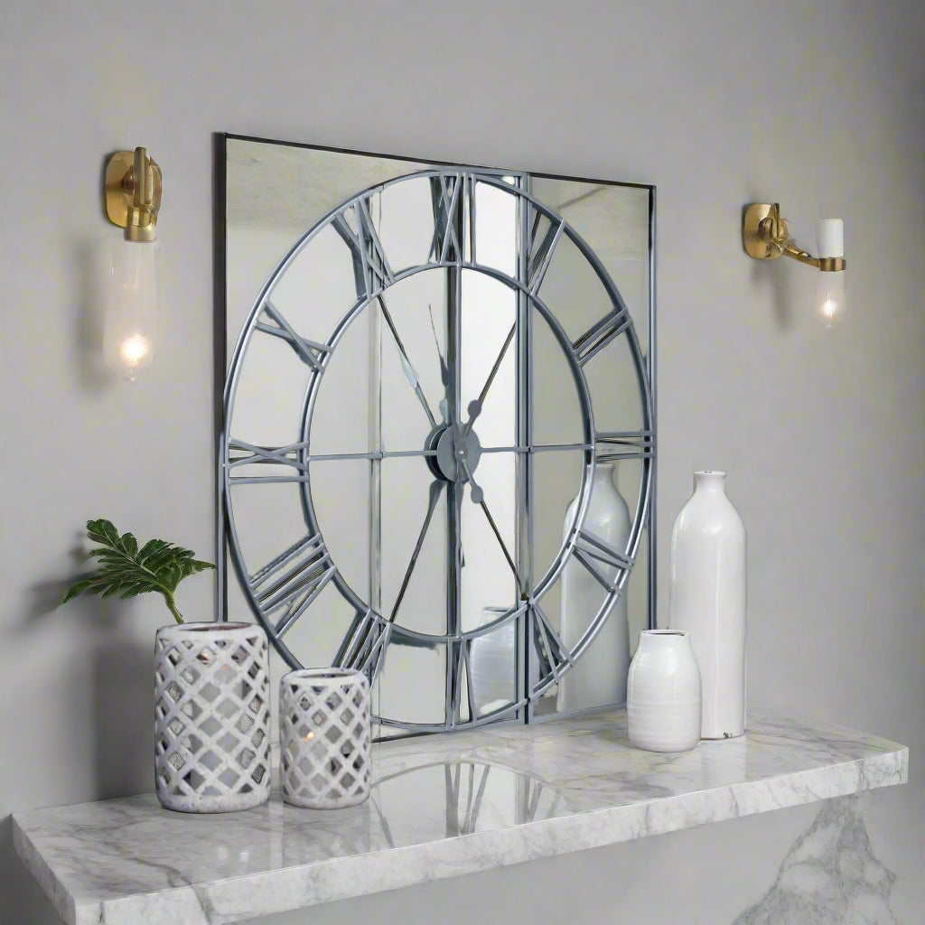 Celina mirrored wall clock with silver metal frame, modern skeleton design, and reflective glass surface, 112cm diameter by Sostter at brixbailey.com
