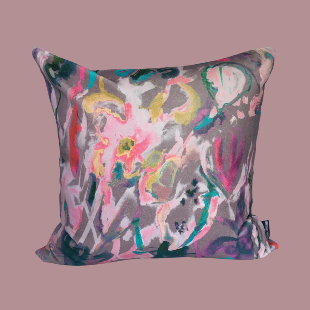 Watercolour Floral Velvet Cushion - Greyish / Lilac + Blush