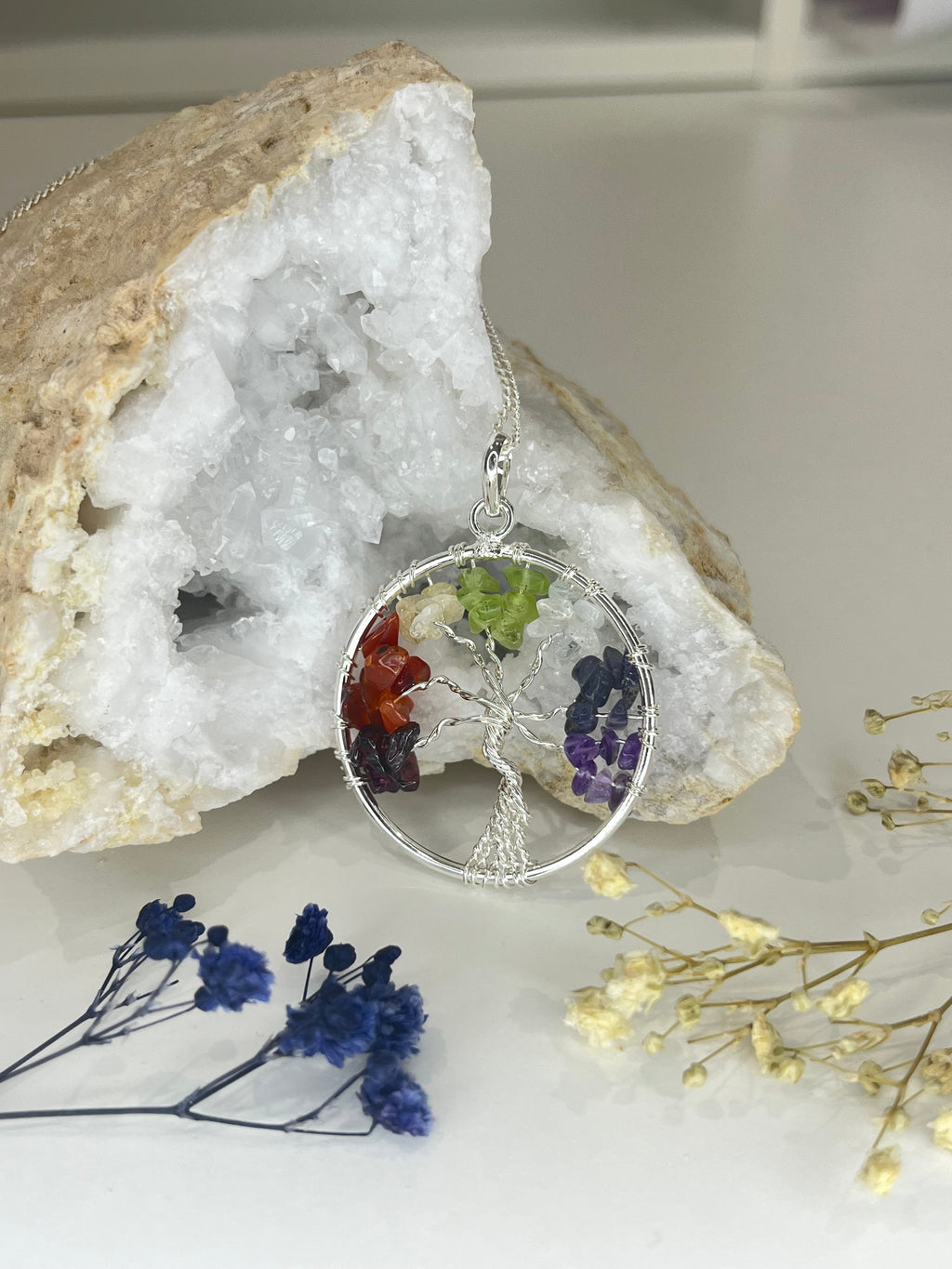 Silver Plated Tree of Life Chakra Necklace with Natural Crystals