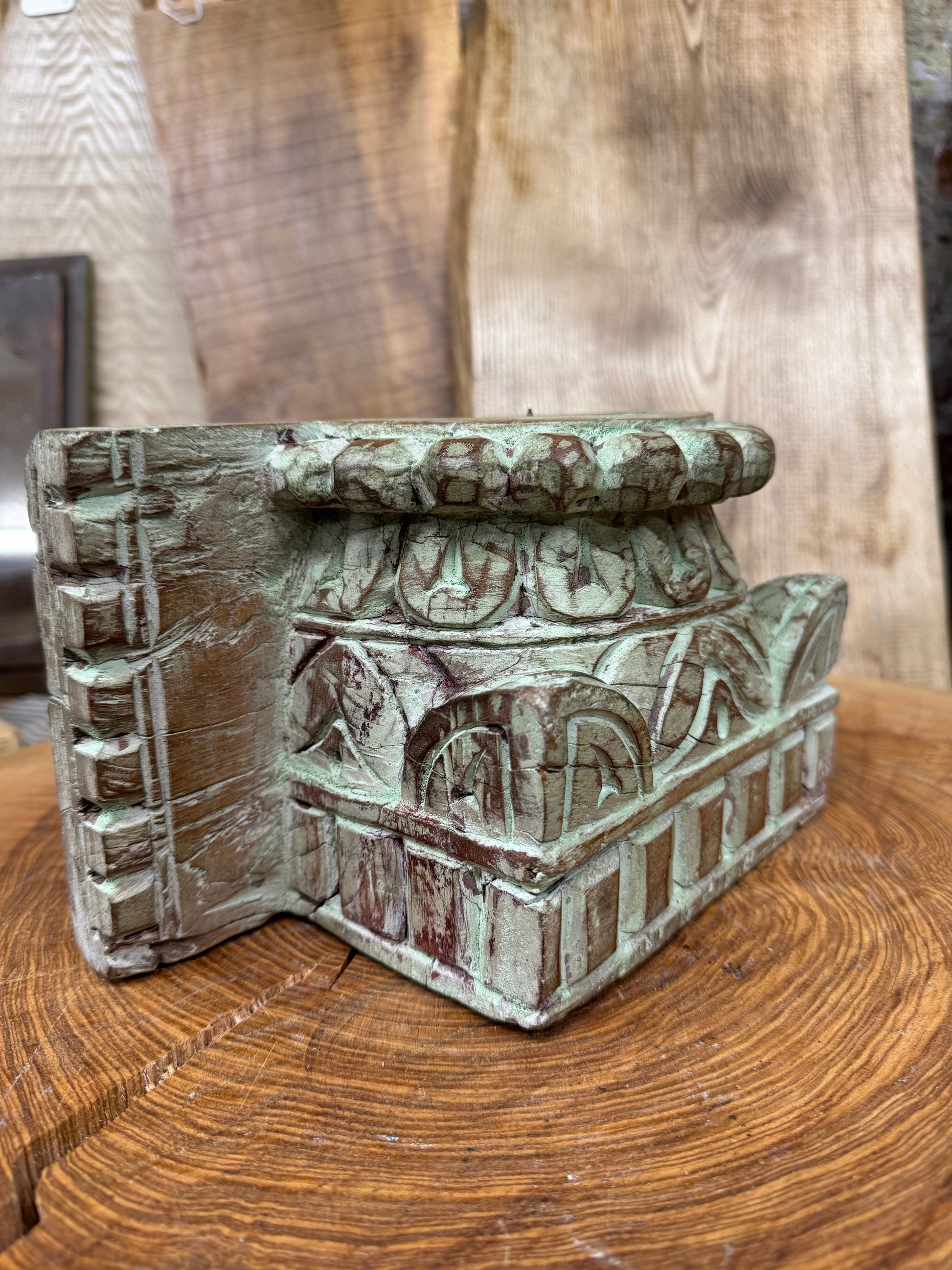 Rustic Church Candle Holder / Indian Pillar Base Holder / Farmhouse Decor Green