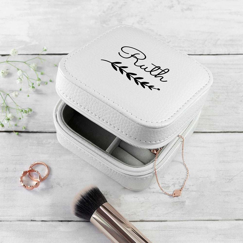 Personalised White Travel Jewellery Case with Wreath Design