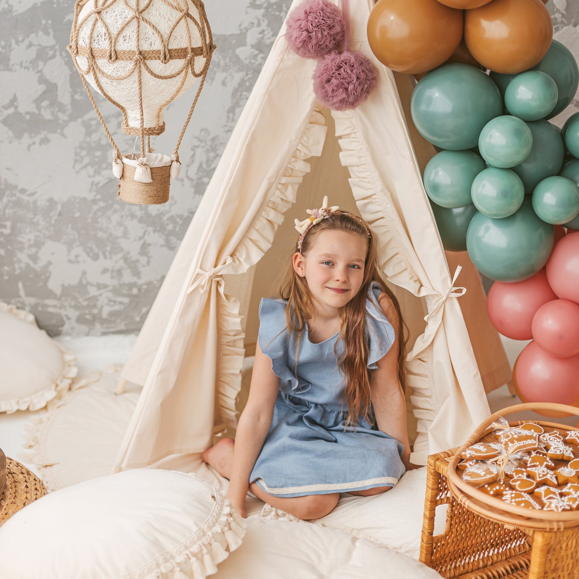 Boho Teepee Tent for Kids with Ruffled Trim