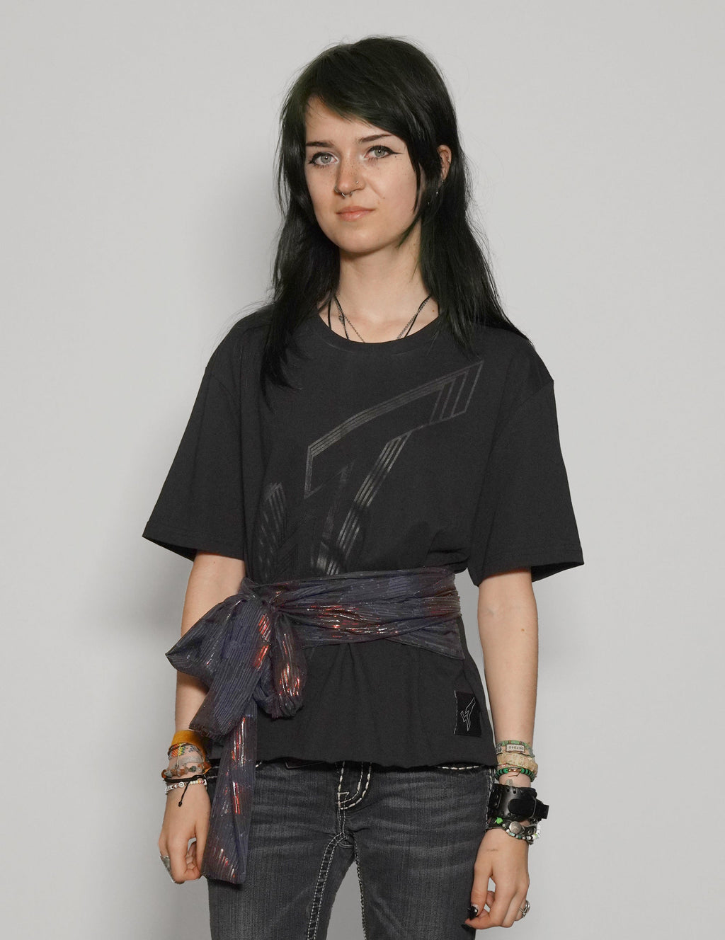 Black Cropped Tie Tee with Blue and Gold Silk Sequin Detail