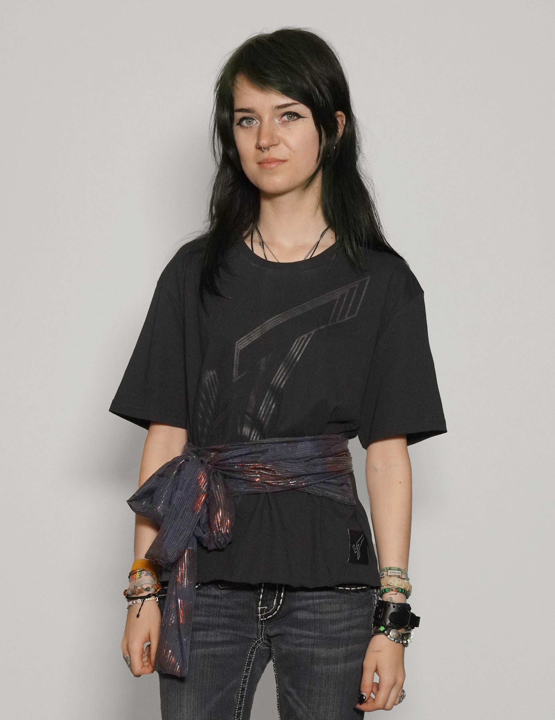 Black Cropped Tie Tee with Blue and Gold Silk Sequin Detail