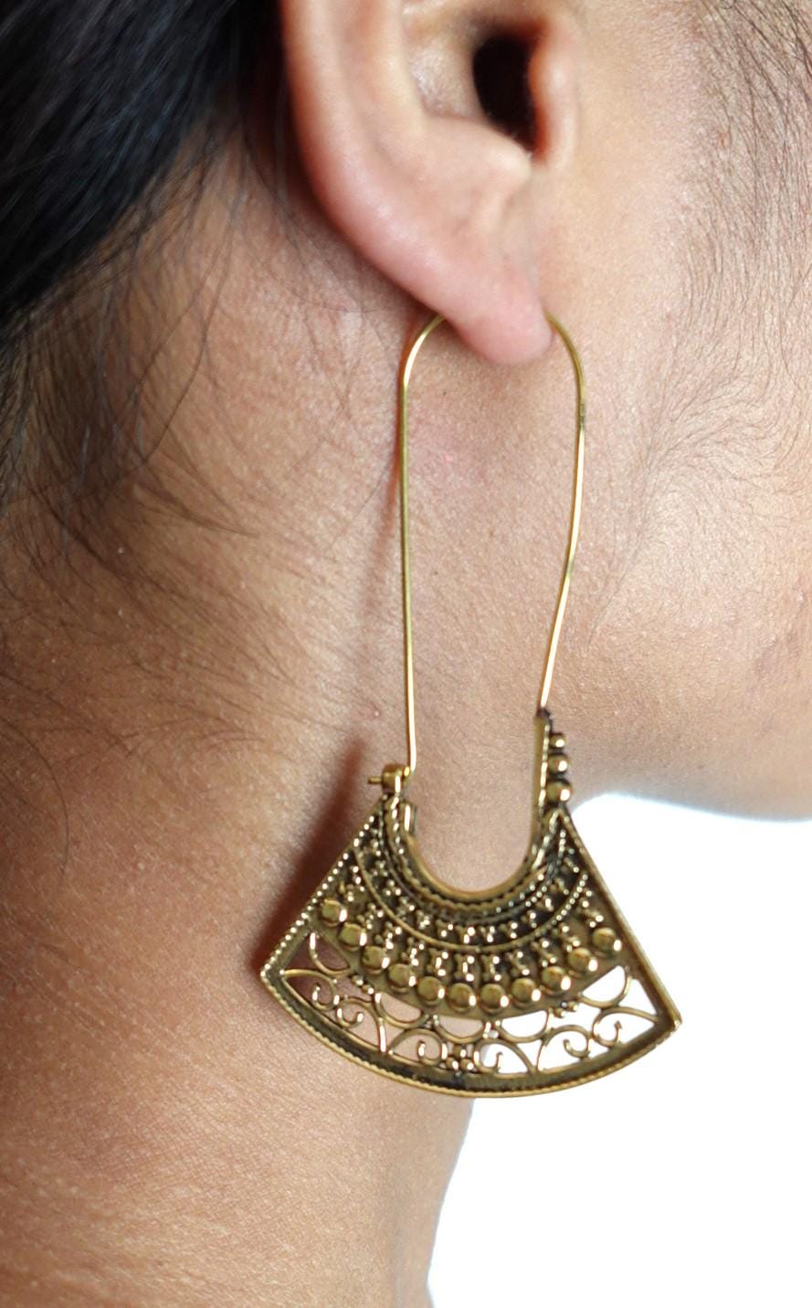 Fan Shaped Tribal Brass Earrings